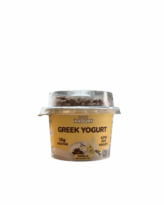 Dairy khoury greek yogurt vanilla with choco flakes 175g